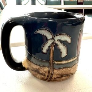 NWOT - Tropical Palm Tree Ceramic Mug - Blue and Brown